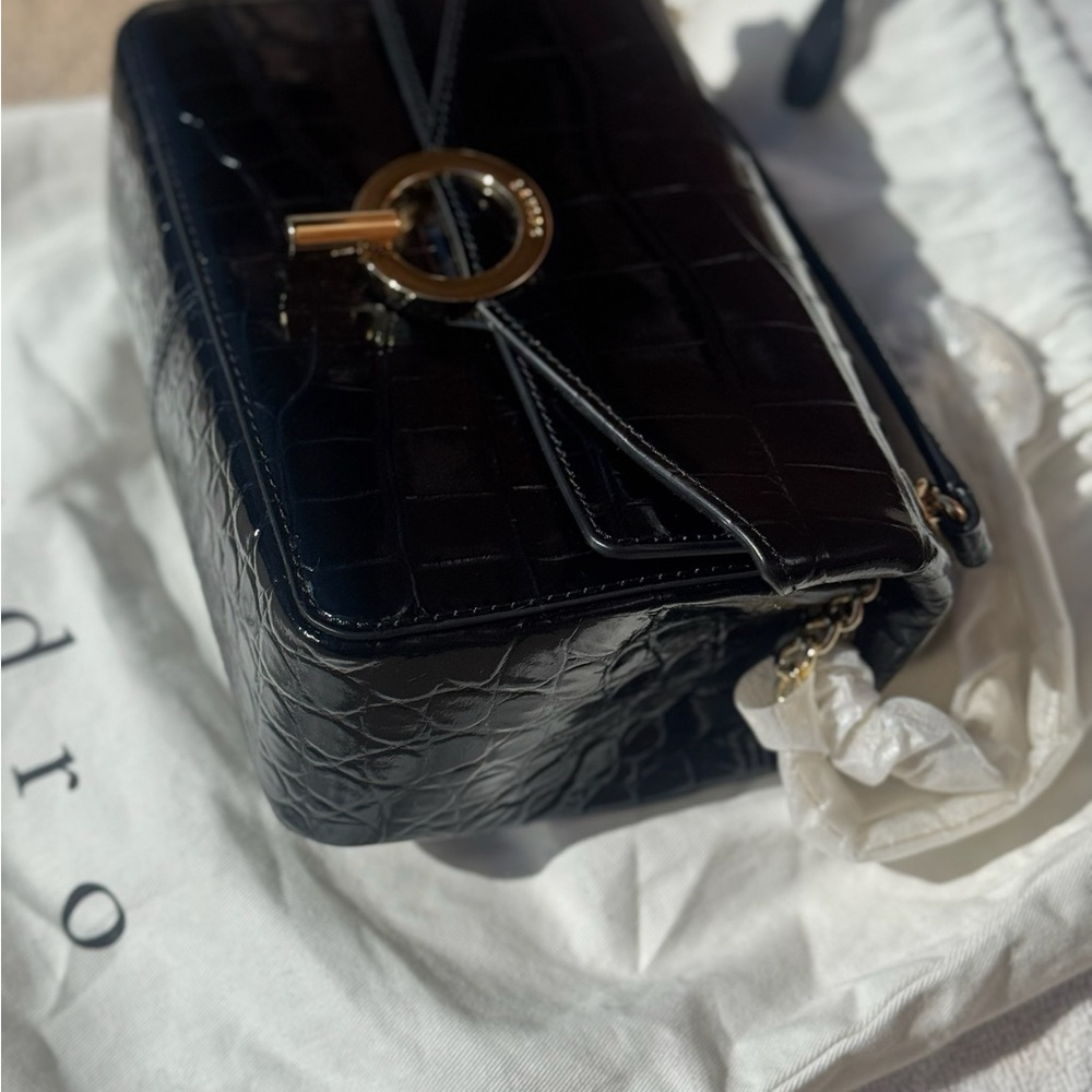 Sandro Black Croc-Embossed Patent Leather Crossbody Bag with Gold Ring Clasp - Picture 15 of 16
